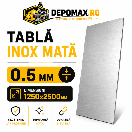 Tabla inox mata AISI 304 2B, 0.5 x 1250 x 2500 mm, 3.125 mp